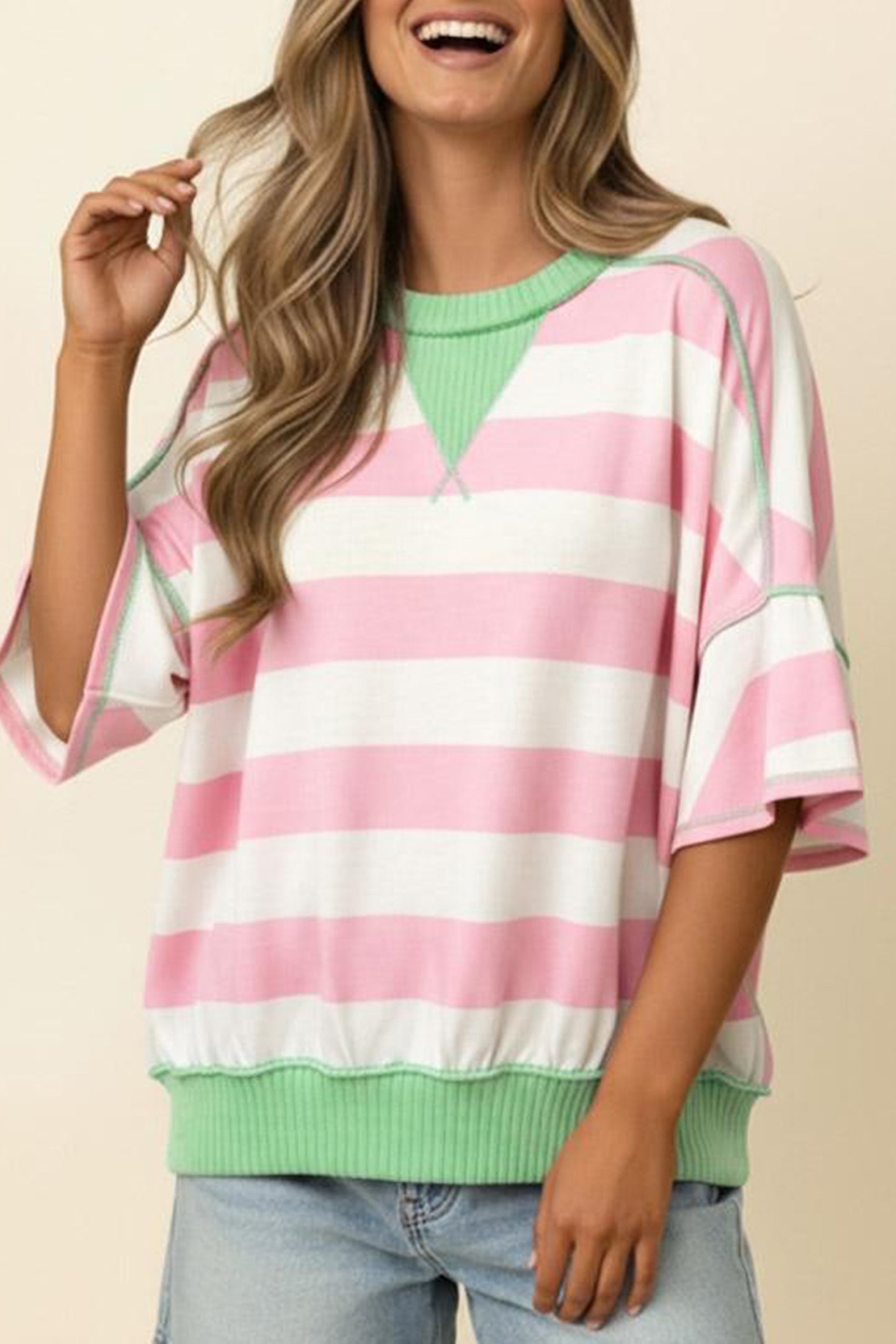 Striped Knit Top Oversized Color Block Boutique Tee