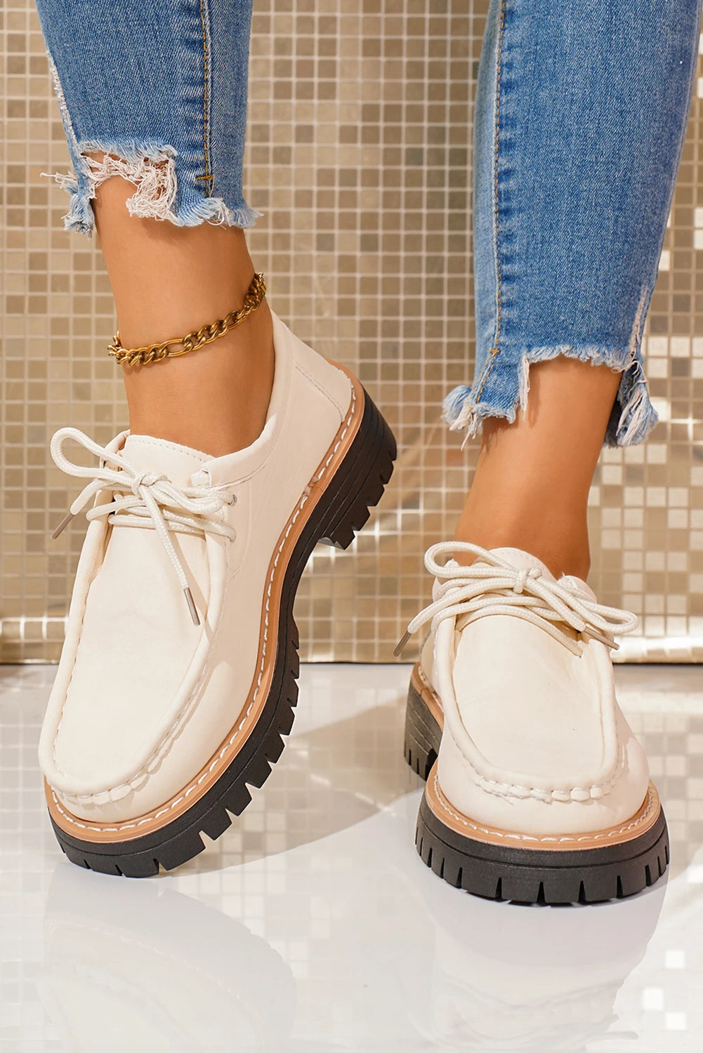 White PU Leather Lace-up Detail Contrast Lug Sole Shoes