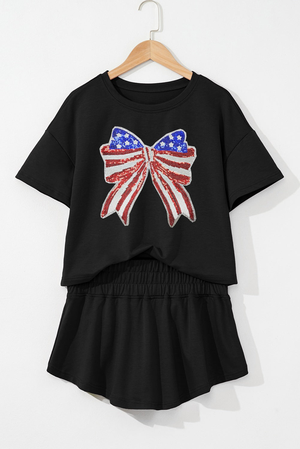 Black Sequined Flag Bow Pattern Short 2pcs Skort Set
