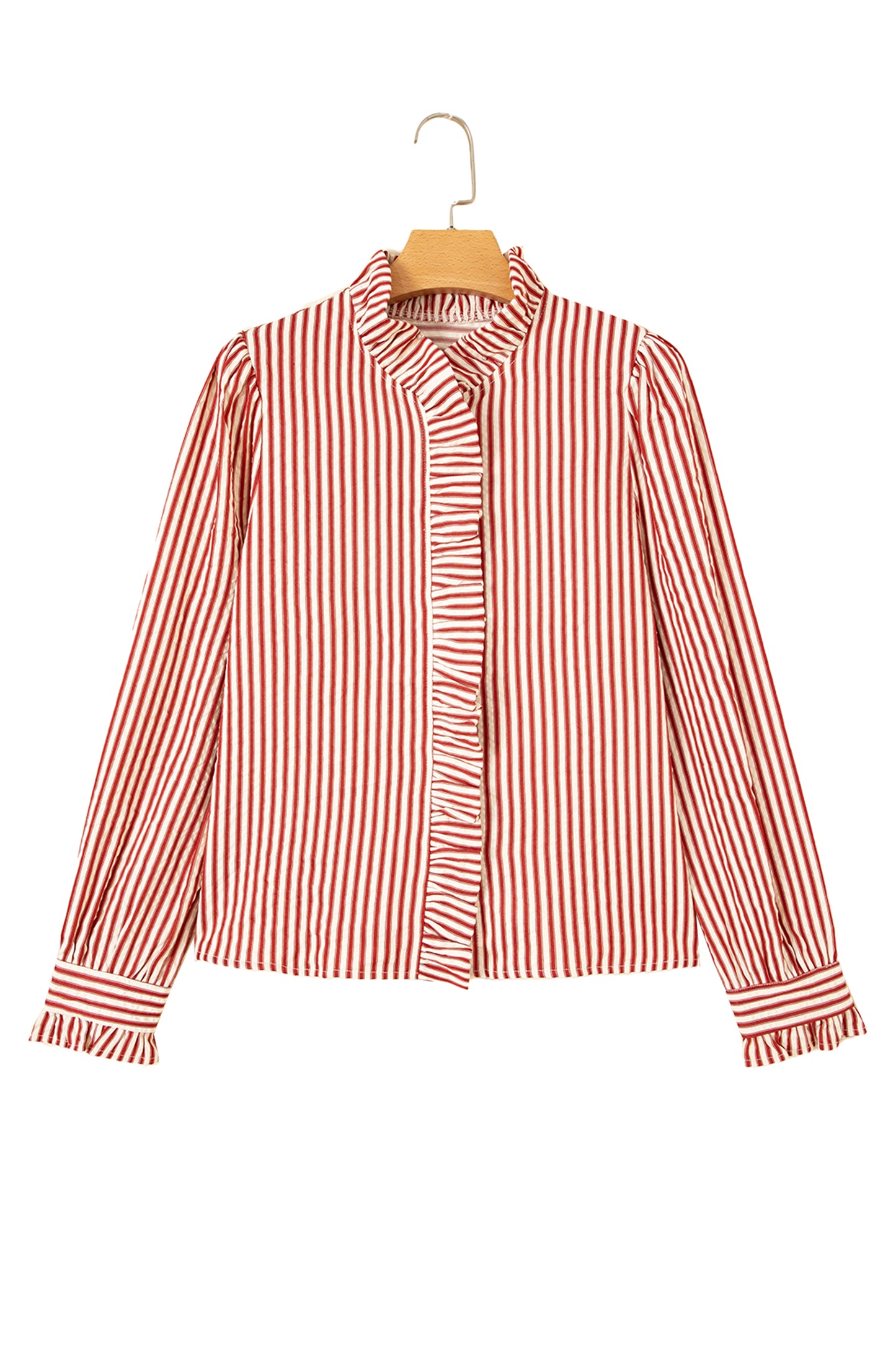 Red Stripe Textured Ruffle Trim Button-Up Long Sleeve Shirt