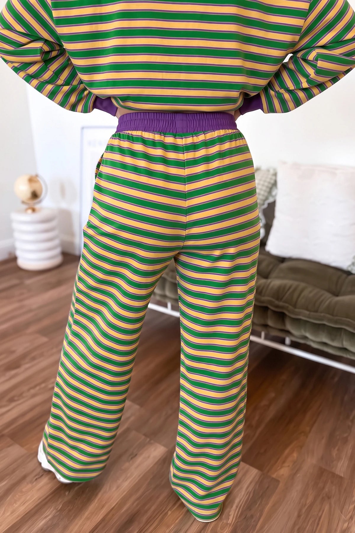Khaki Stripe Contrast Trim Long Sleeve Top Elastic Waist Pants Set