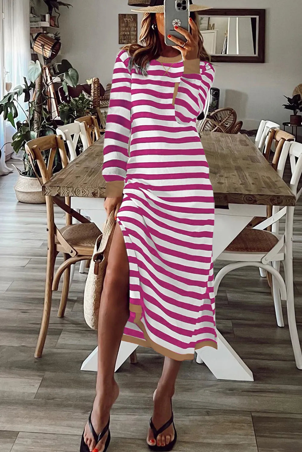 Striped Print Contrast Edge Long Sleeve Midi Dress with Side Splits
