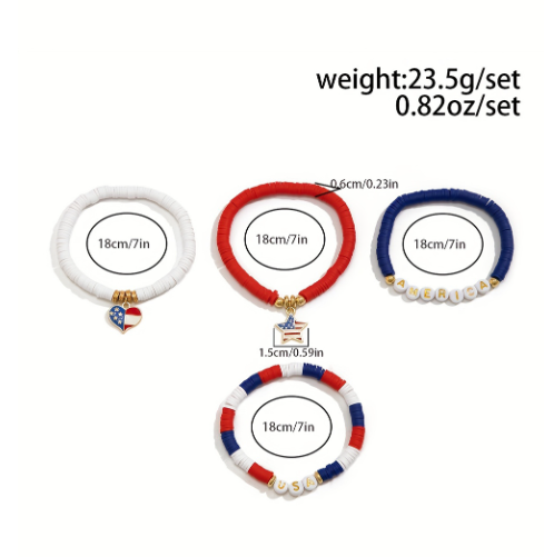 Dark Blue American Flag Pendant Letter Beaded Bracelet Set