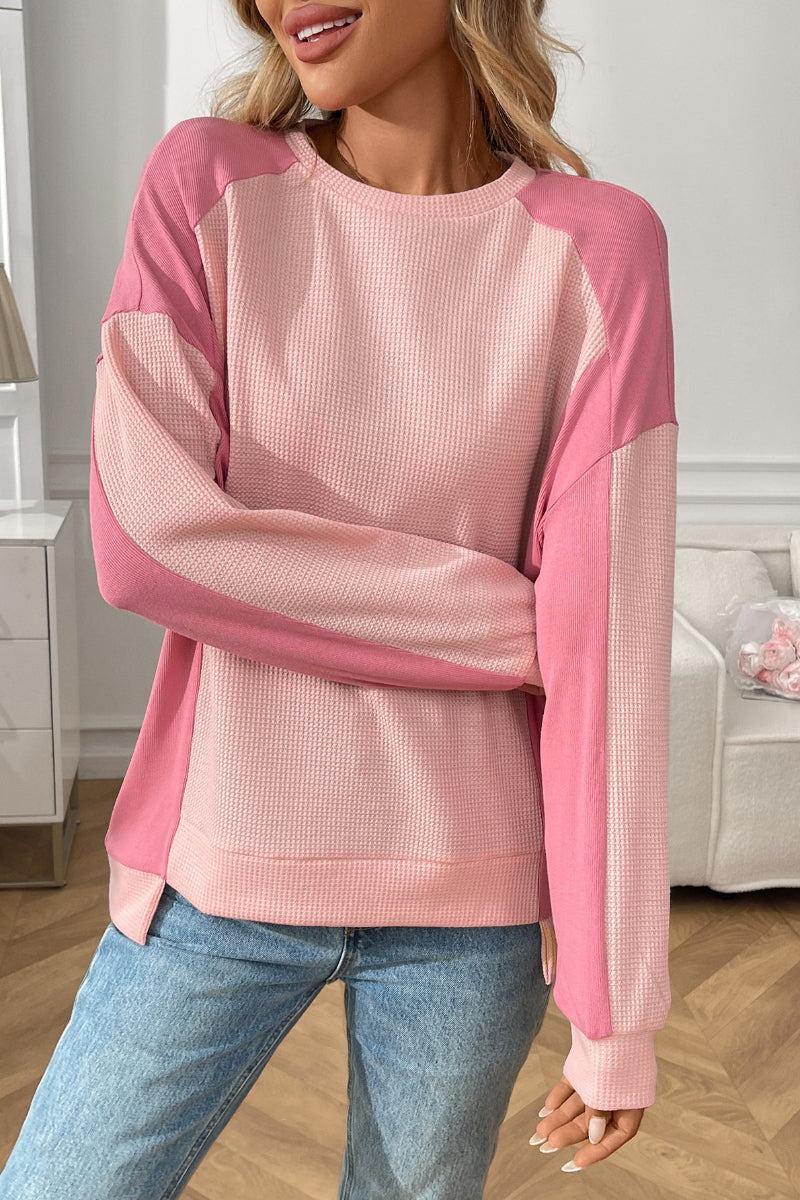 Colorblock Waffle Knit Crewneck Long Sleeve Top Women