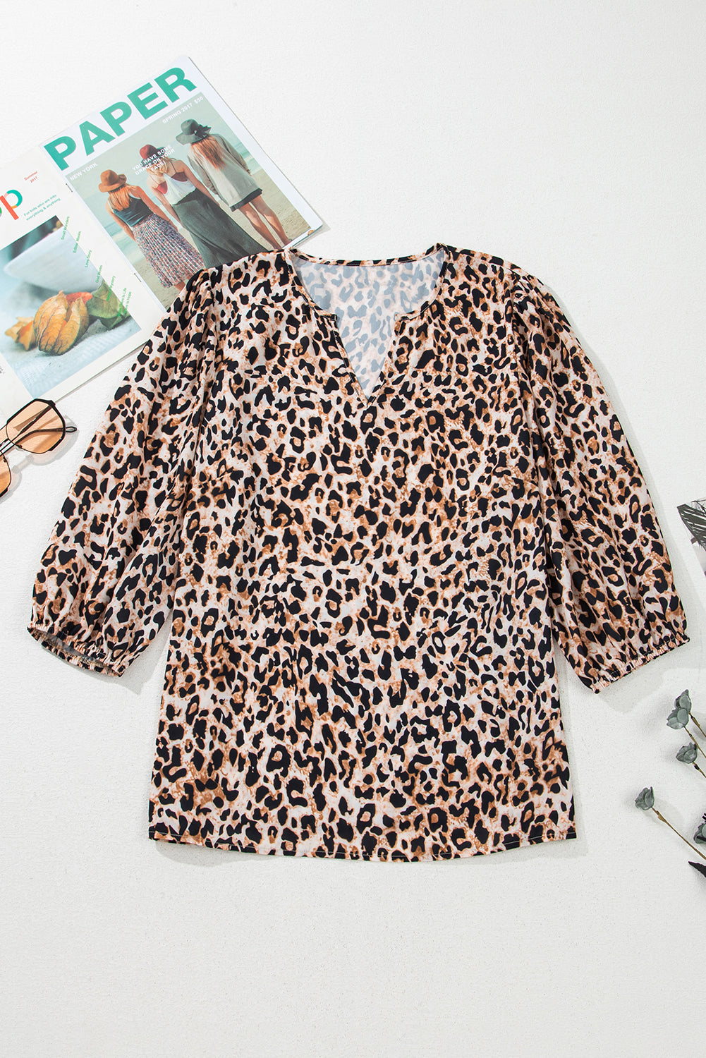 Apricot Leopard V Neck Half Sleeve Blouse