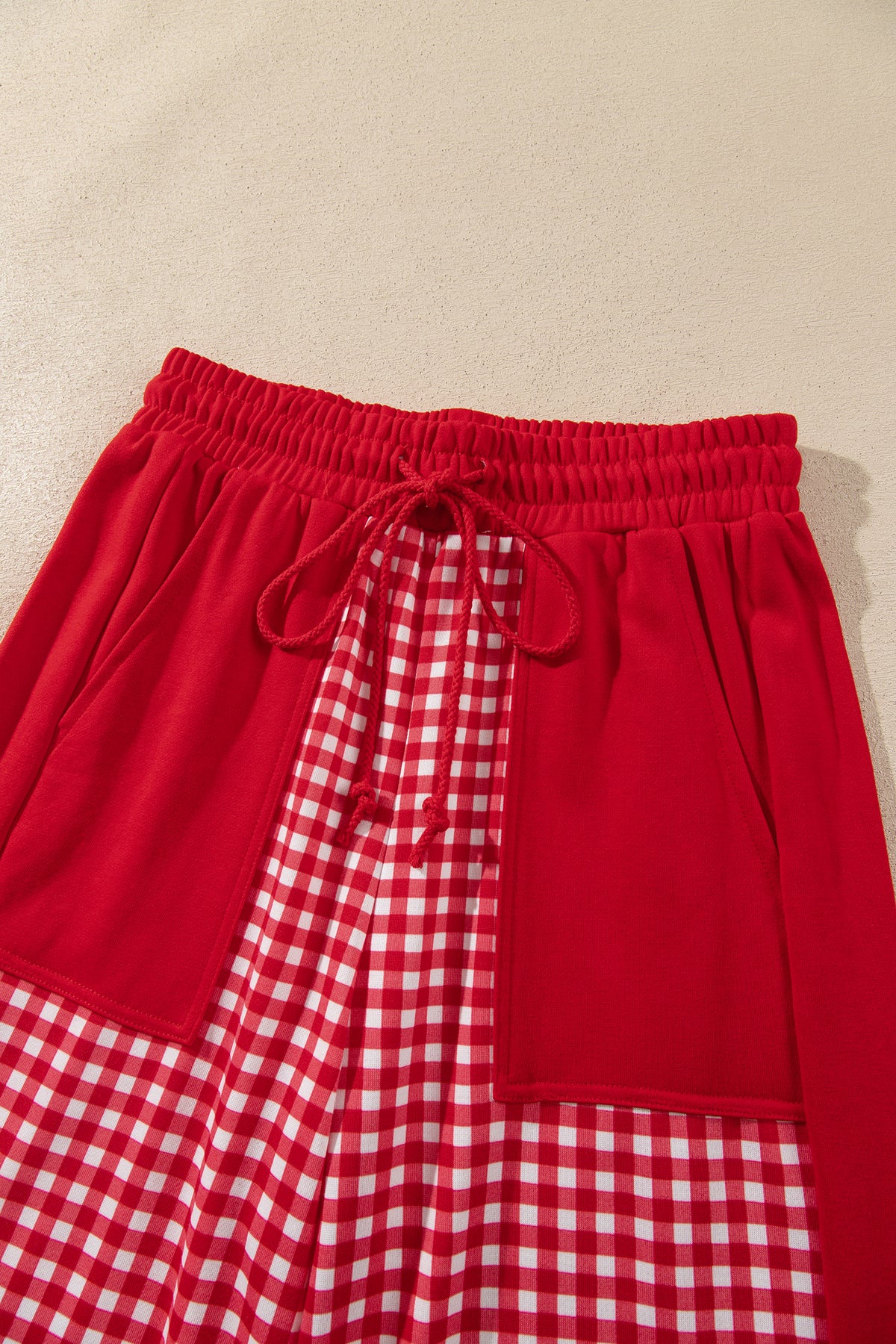 Khaki Color Block Plaid Patchwork Long Sleeve Pullover Wide Leg Pant Set