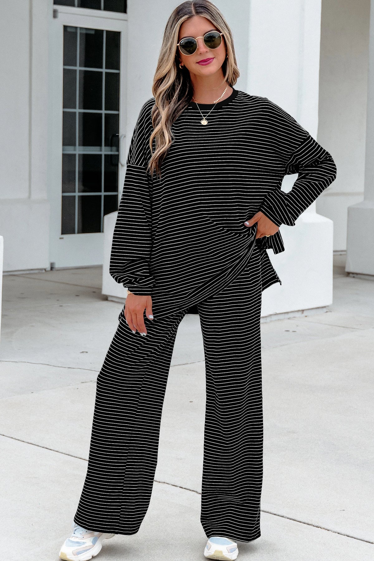 Green Stripe Dropped Shoulder Long Sleeve Top Elastic Waist Pants Casual 2pcs Set