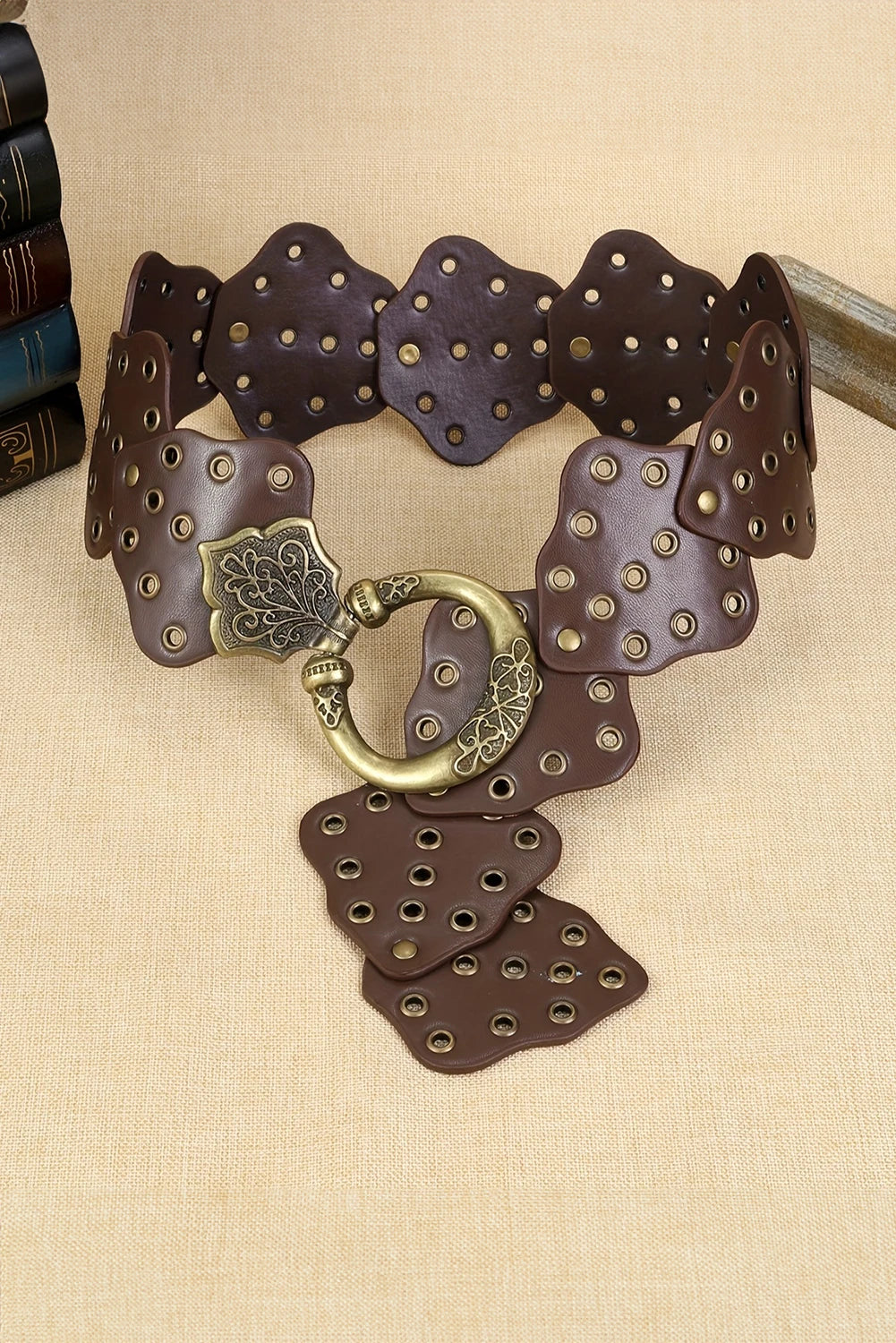Chestnut Y2K Antique Bronze Circle Grommet Detail Western Leather Belt