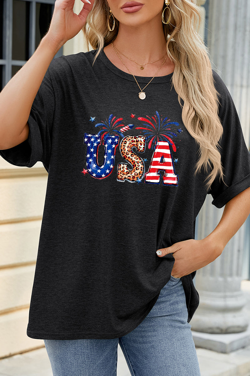 USA Sequin Graphic Tee Patriotic Firework Summer