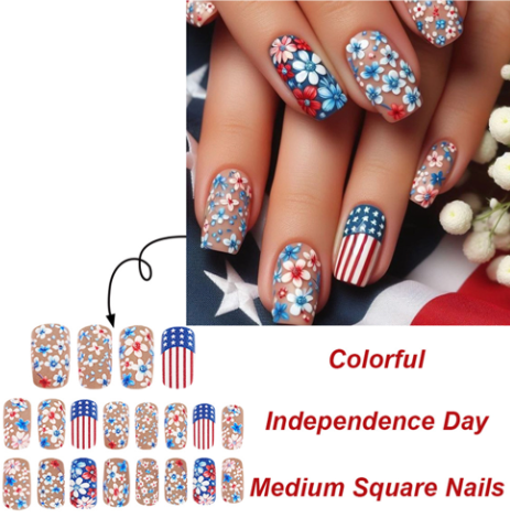 Sky Blue American Flag Flower Print Square False Nails