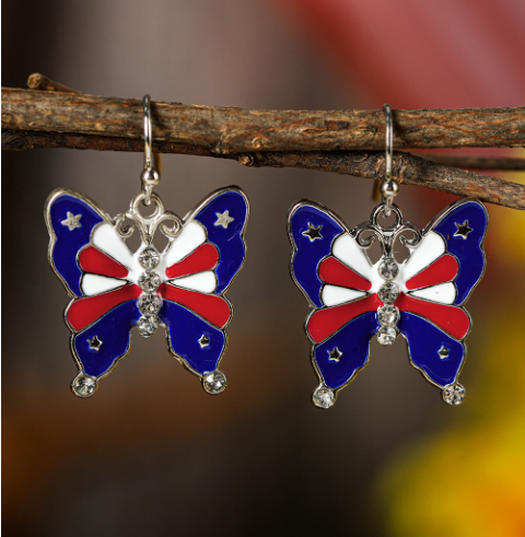 Dark Blue Stars and Stripes Print Butterfly Shape Hook Earrings