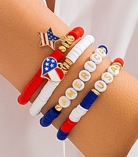 Dark Blue American Flag Pendant Letter Beaded Bracelet Set