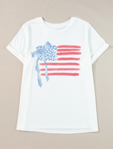 White Bow USA Flag Print Plus Size Independence Day T Shirt