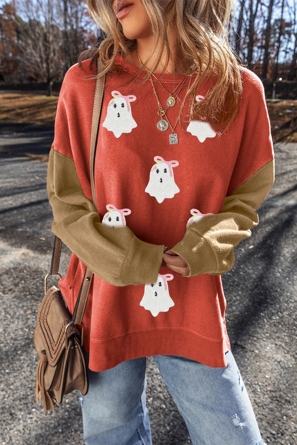 Gold Flame Glitter Ghost Patched Pattern Colorblock Sweatshirt