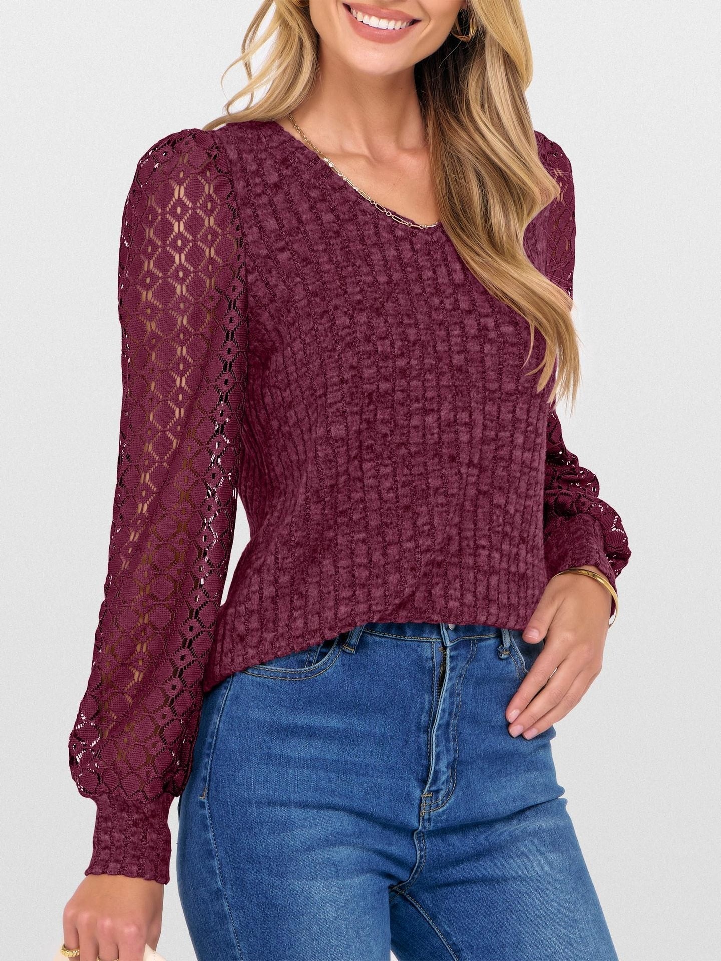 V-Neck Knit Top with Lace Puff Long Sleeves
