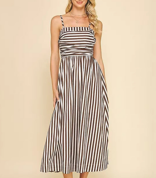 Striped Cami Maxi Dress with Pockets Smocked Bodice