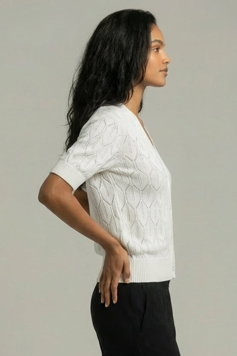 V Neck Knit Cardigan Button Front Short Sleeve Top