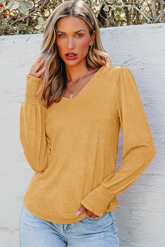 Beige Shirred Shoulder Frilled Cuffs Long Sleeve Top