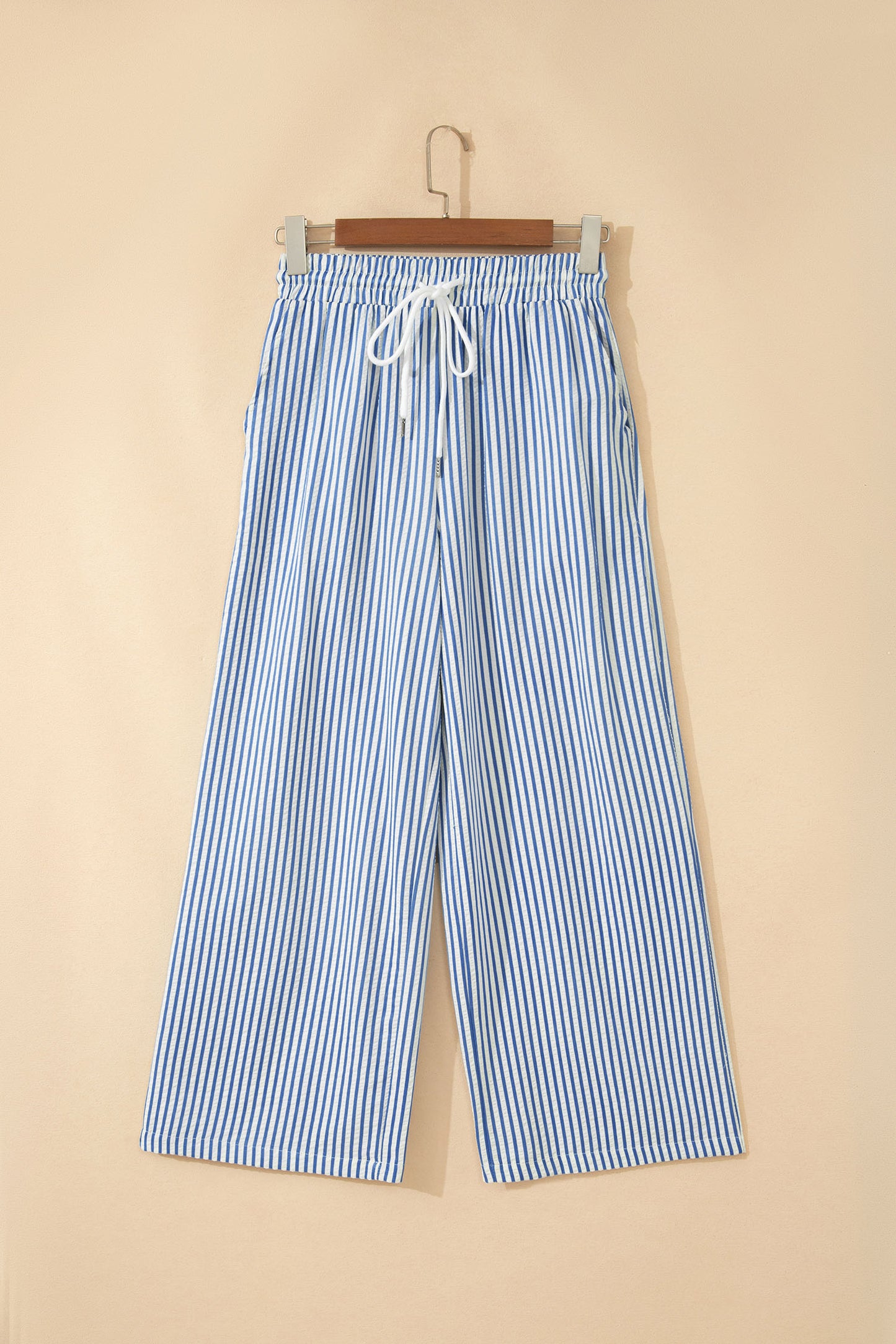 Blue Stripe Drawstring Elastic Waist Ankle Length Shift Pants