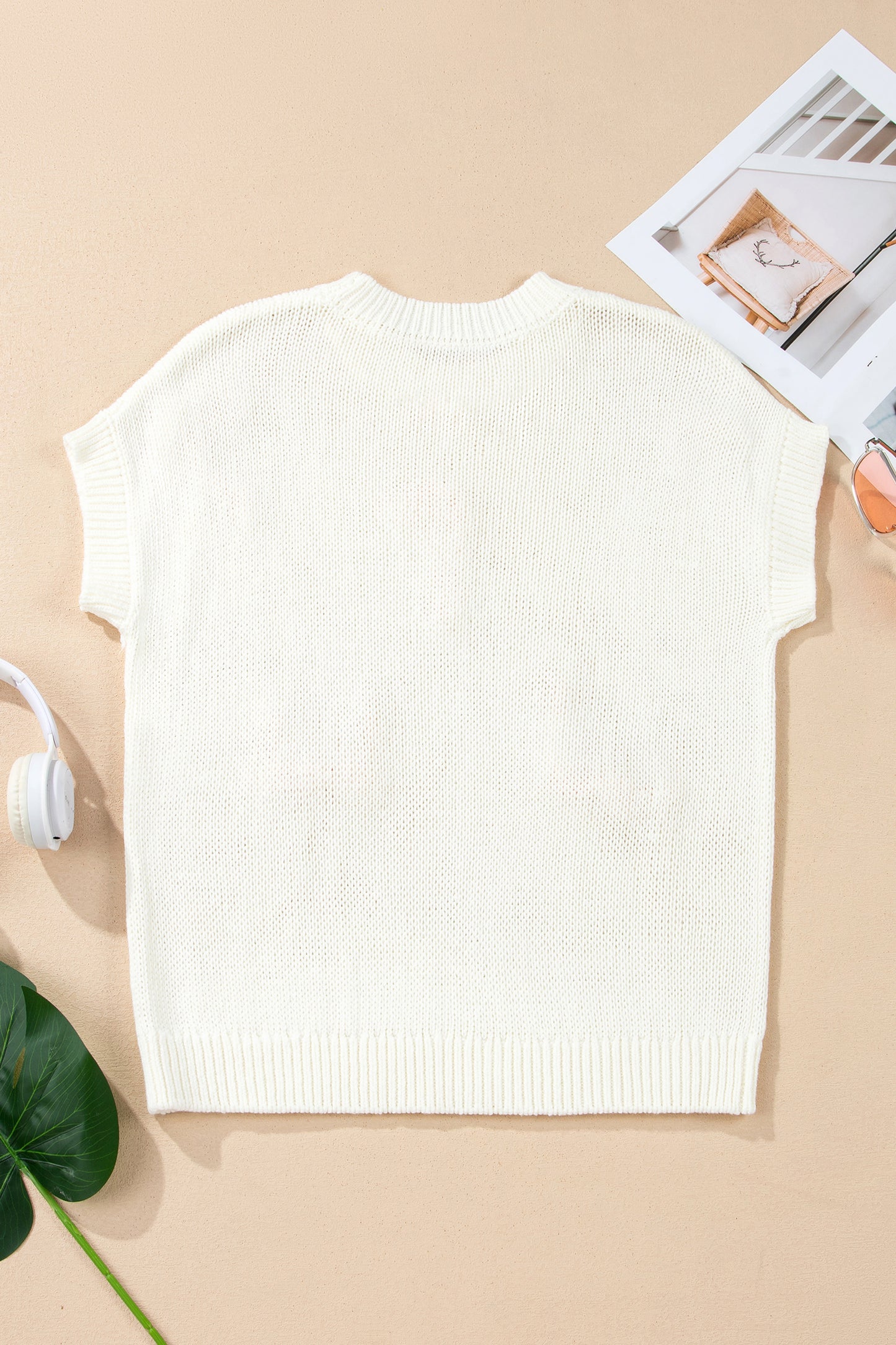 White Short Sleeve Knit Contrast Bow Knot Loose Sweater