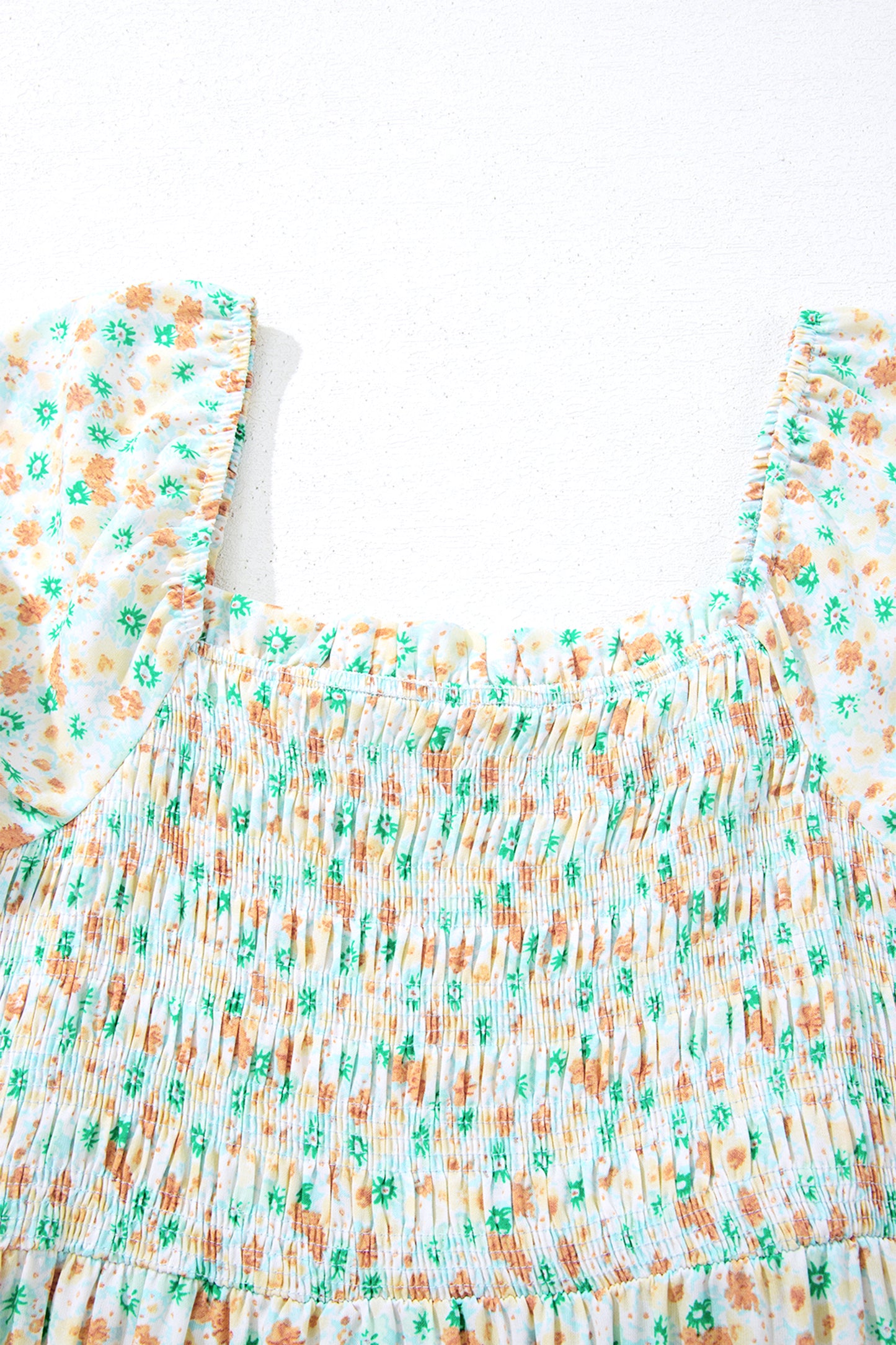 Green Floral Short Bubble Sleeve Shirred High Waist Maxi Dress