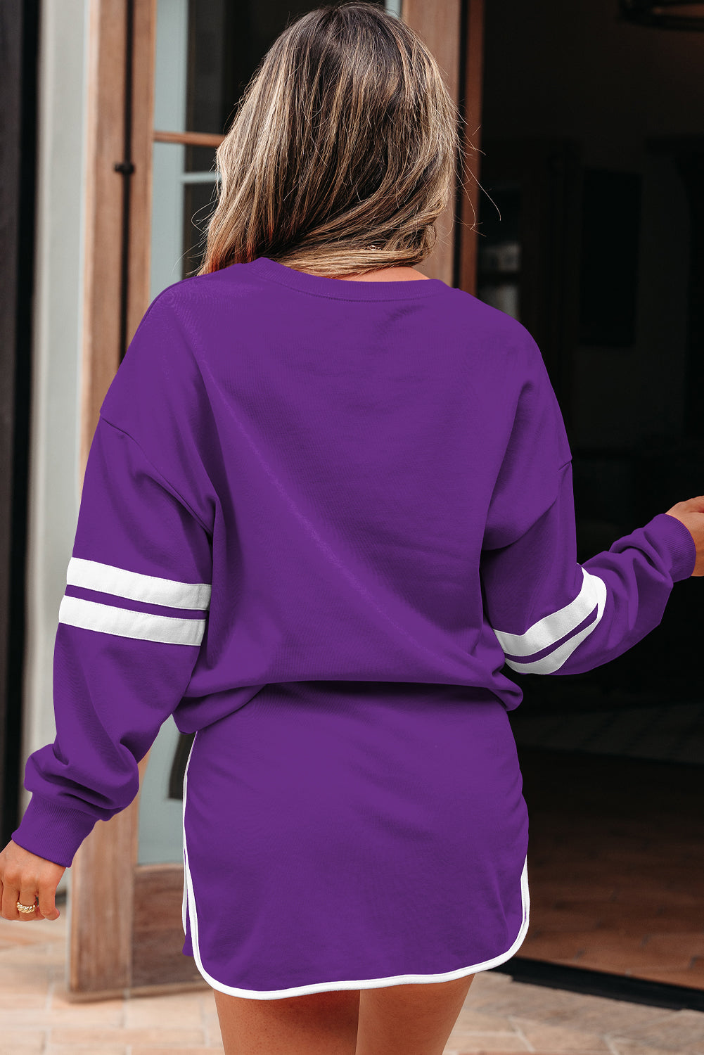 Orange Varsity Stripe Detail Drop Shoulder Pullover Mini Skirt Set