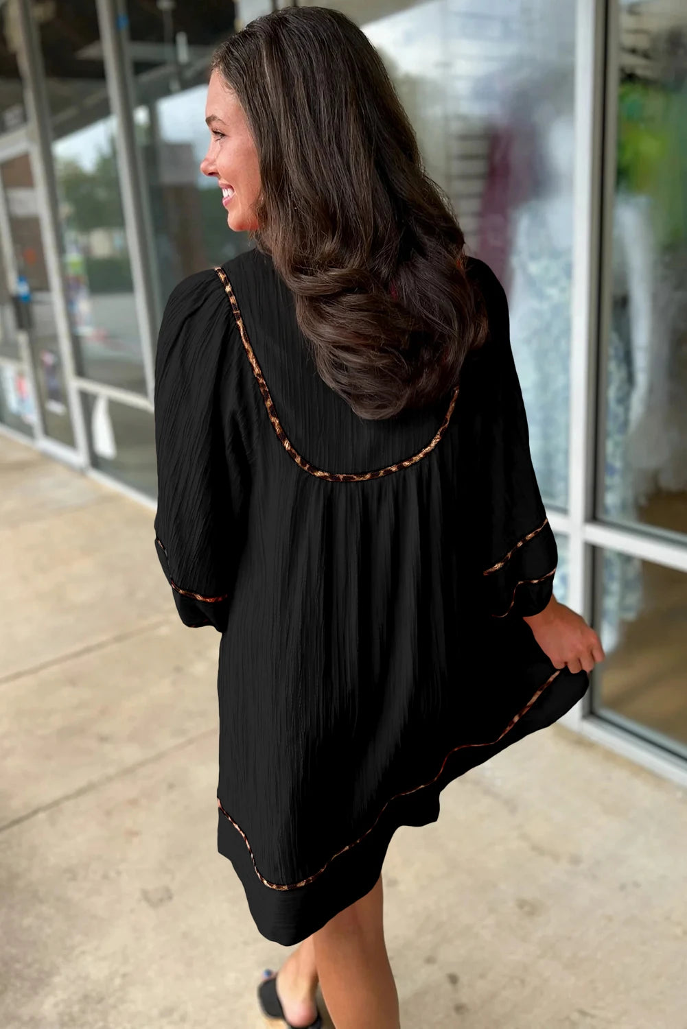 Fiery Red Textured V Neck Leopard Contrasted Trim Long Sleeve Shift Mini Dress