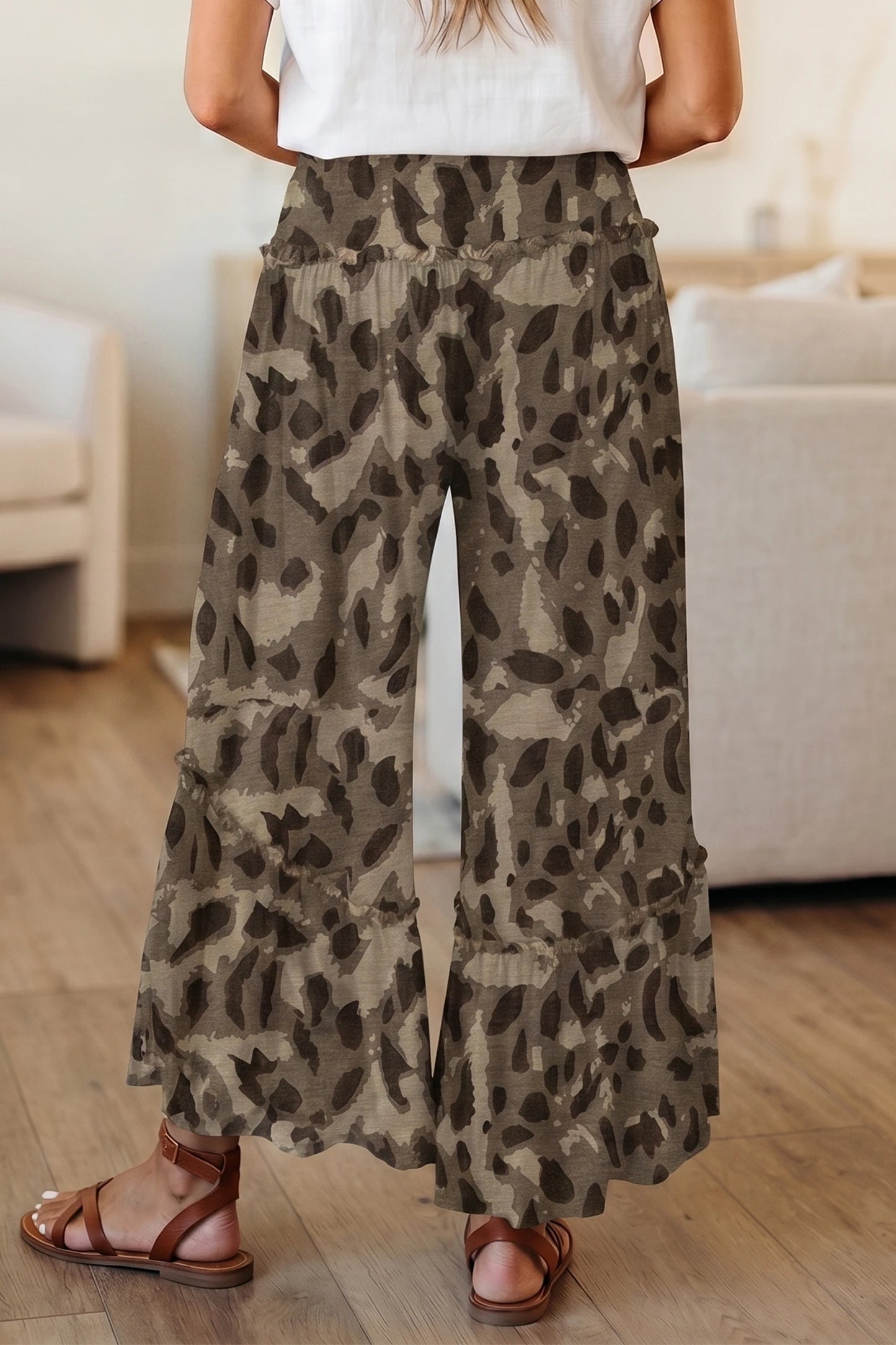 Beige Camo Print Wide Leg Casual Pants