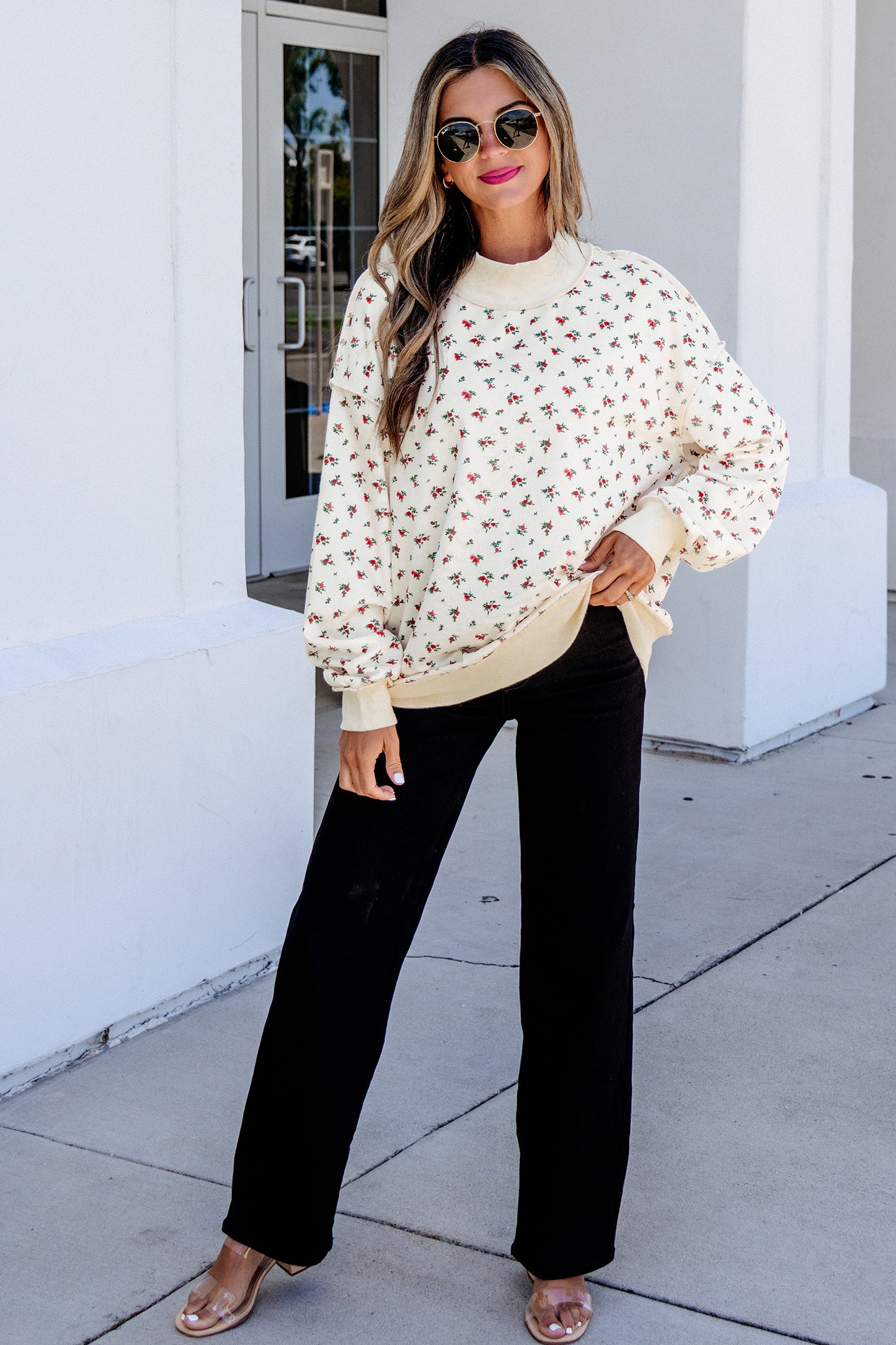 Beige Ribbed High Neck Patchwork Floral Print Baggy Pullover Sweatshirt