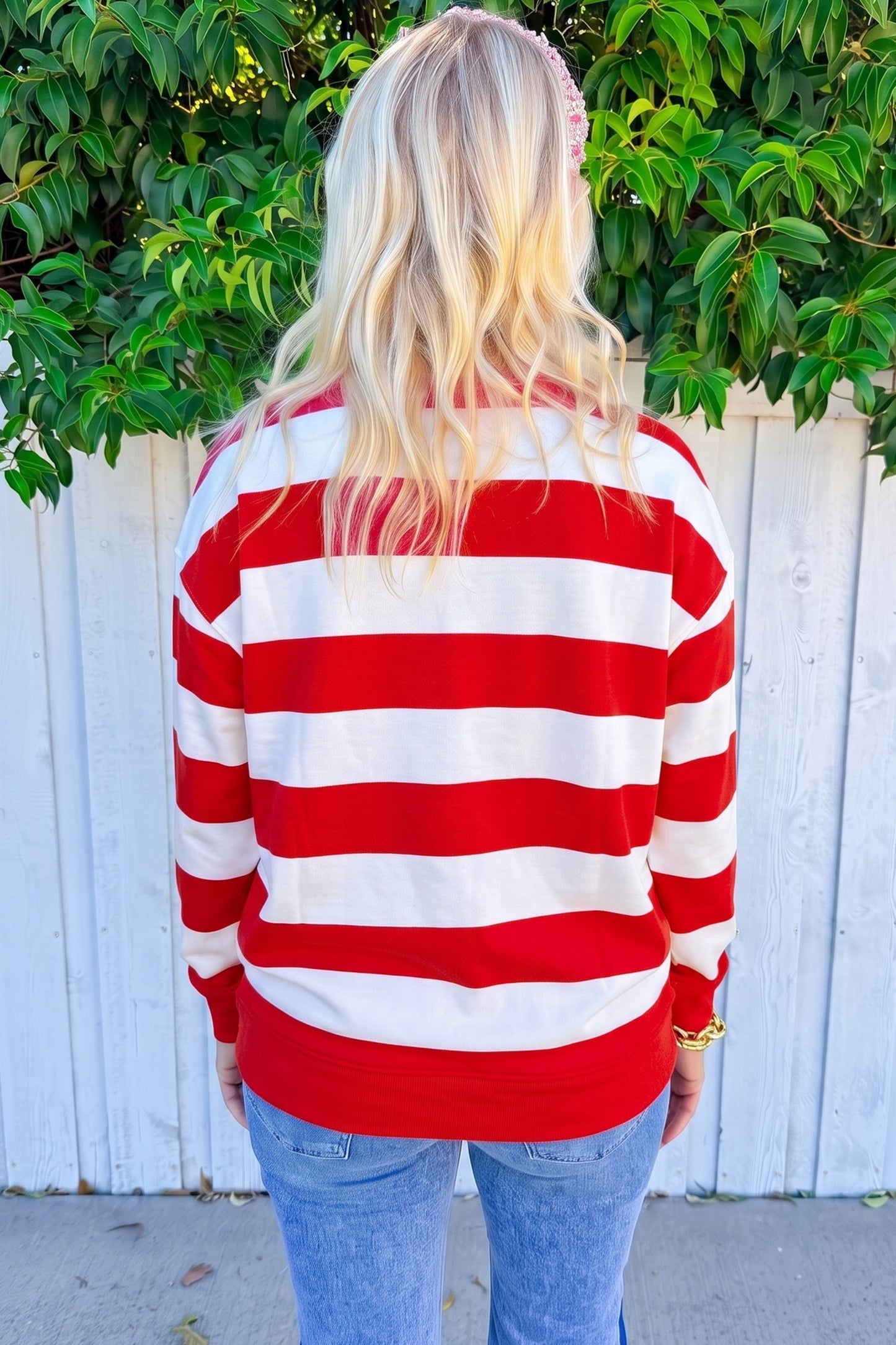 Green Stripe holly jolly Letter Embroidered Pullover Sweatshirt