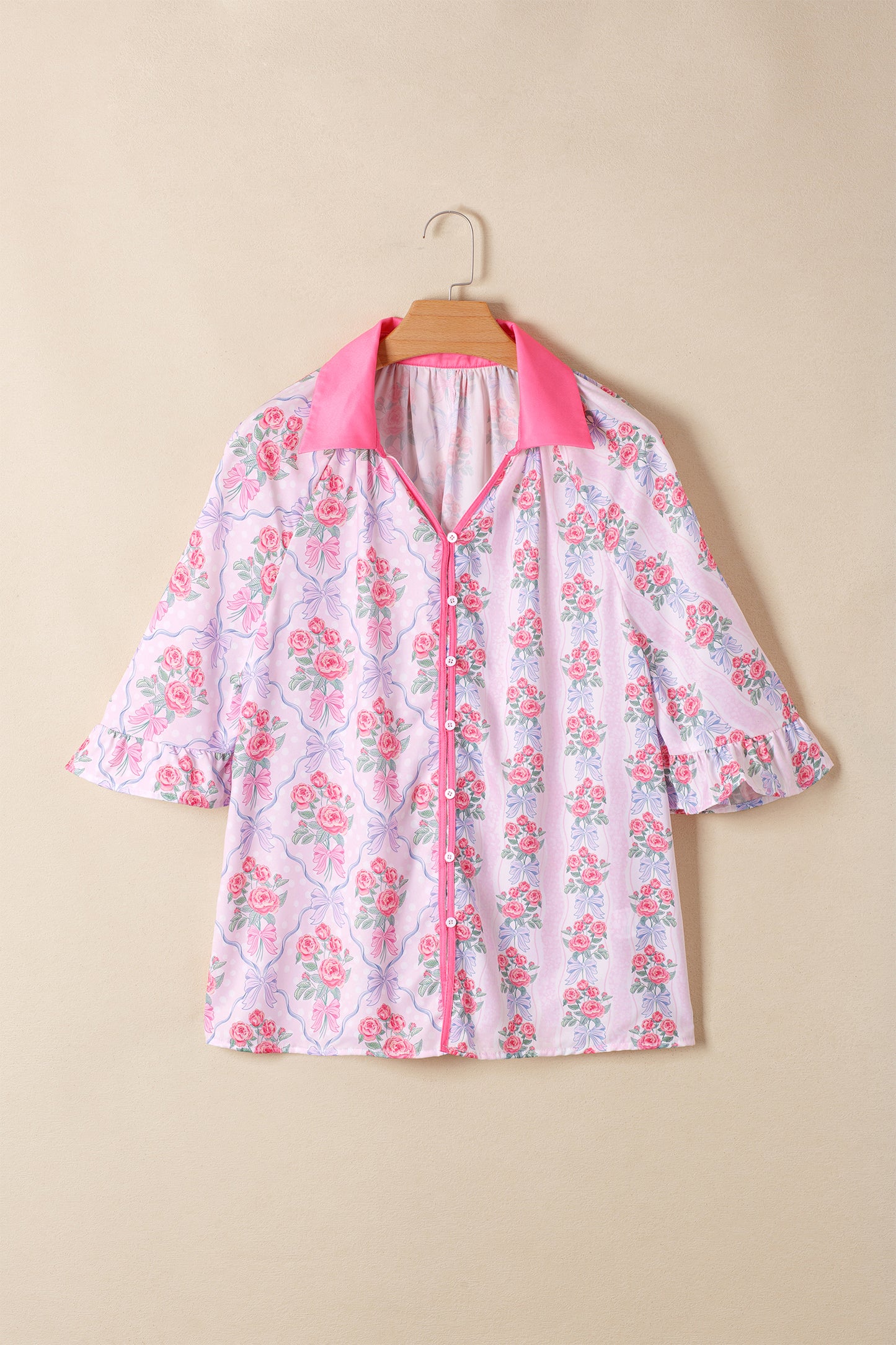 Purple Floral Collared Ruffled Half Sleeve Shirt