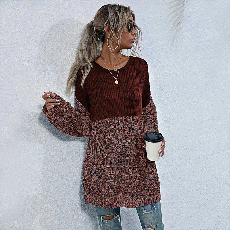 Color Block Round Neck Long Sleeve Knit Sweater Top