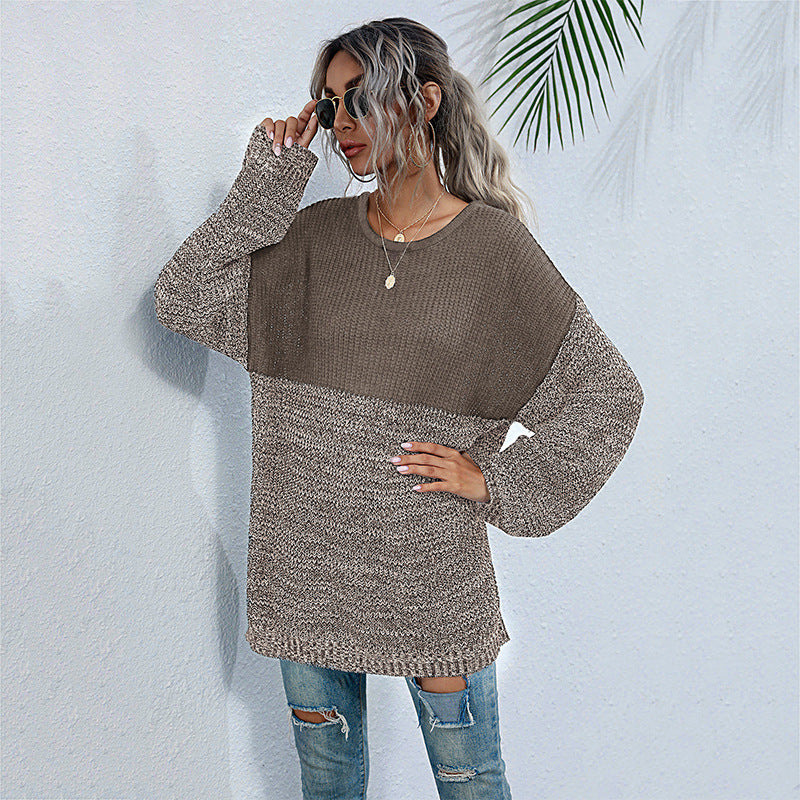 Color Block Round Neck Long Sleeve Knit Sweater Top