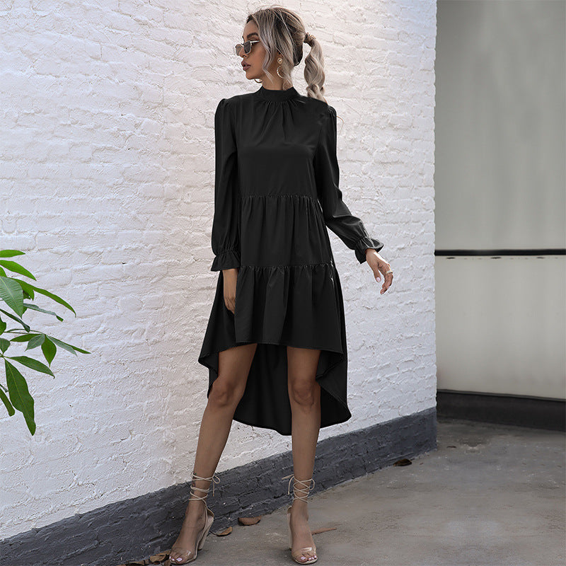 Women's High Neck Long Sleeve Asymmetrical Hem Dress