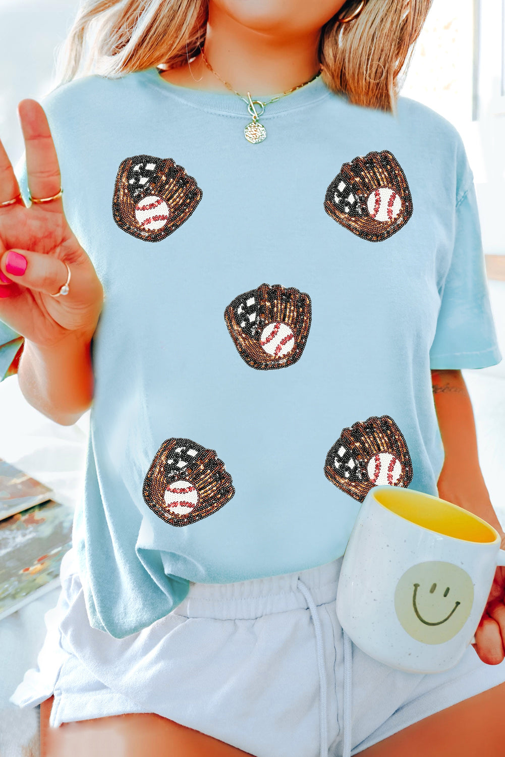 Light Blue Gopher Ball Sequin Patched Casual T Shirt