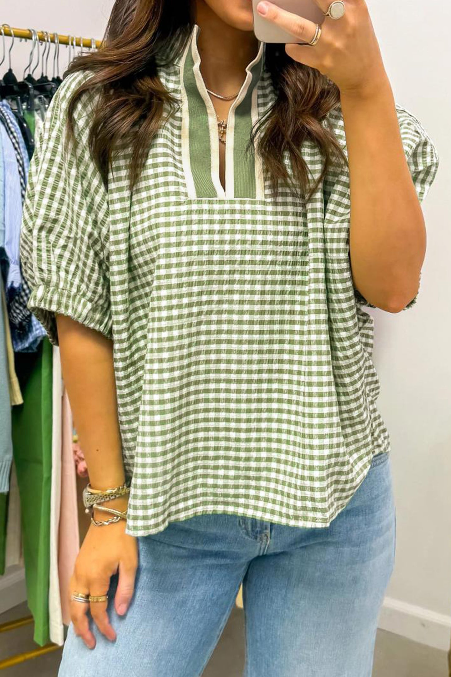 Plaid Polyester Blouse Casual Shift Short Sleeve