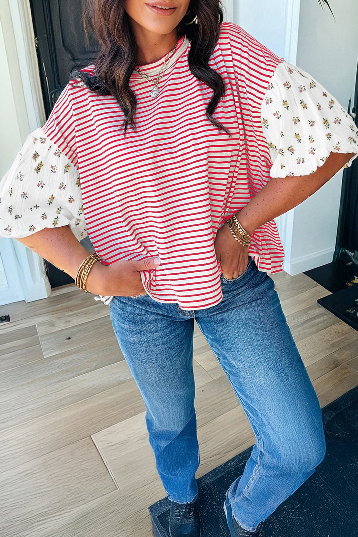 Black Stripe Floral Puff Sleeve Patchwork Round Neck Loose Top