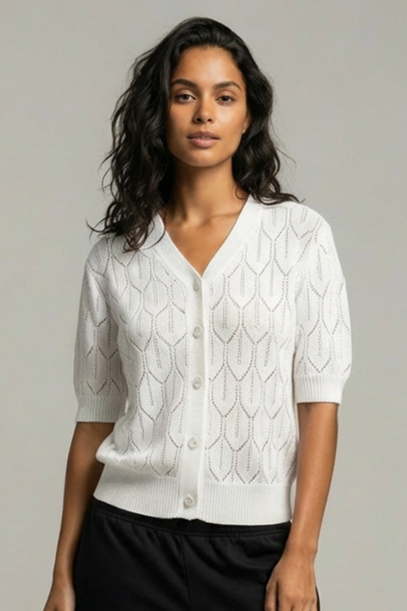 V Neck Knit Cardigan Button Front Short Sleeve Top