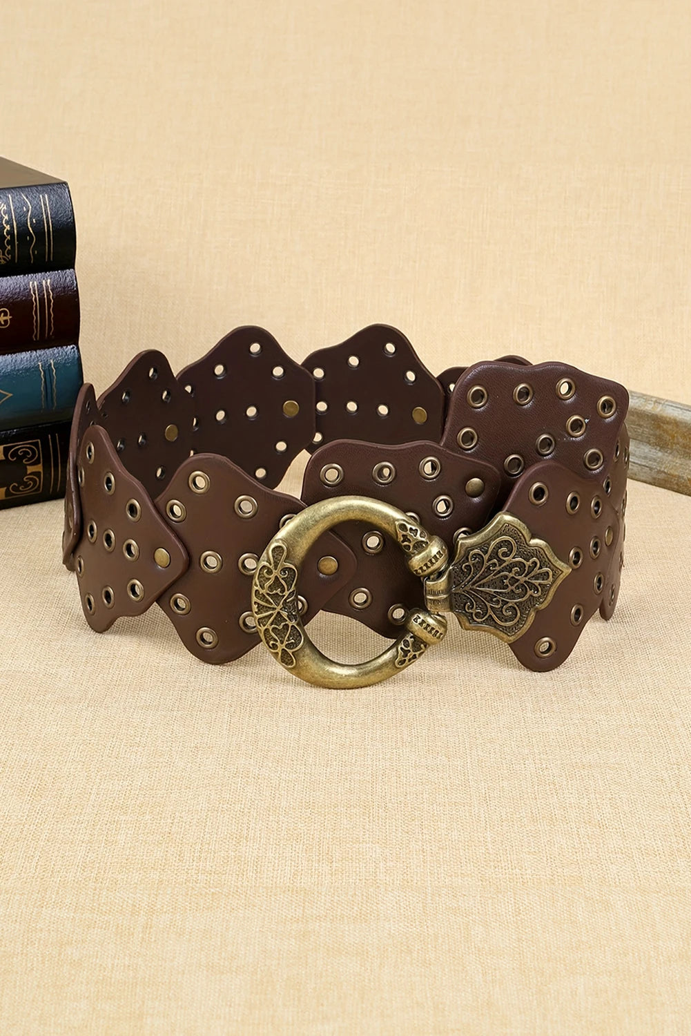 Chestnut Y2K Antique Bronze Circle Grommet Detail Western Leather Belt