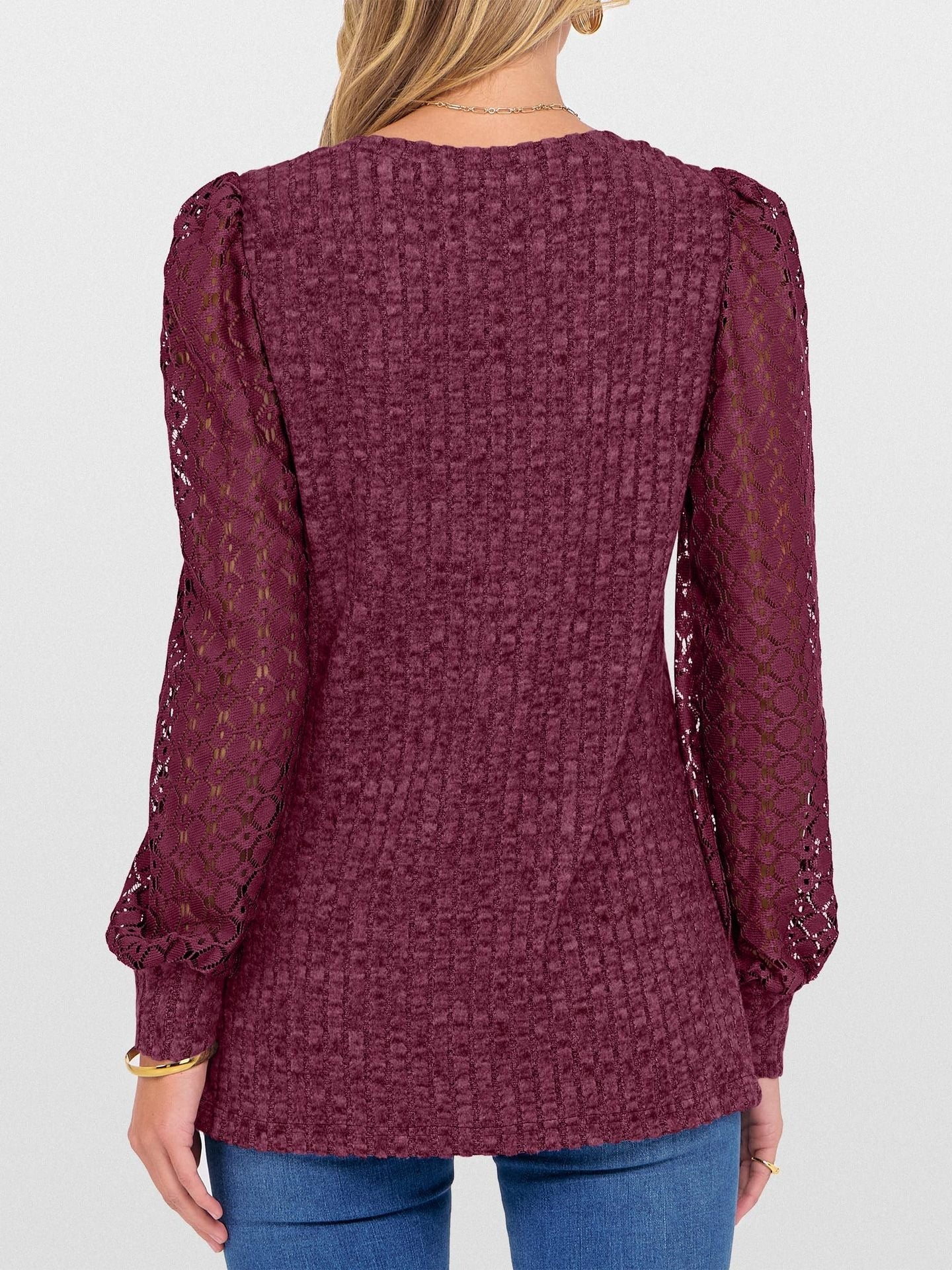 V-Neck Knit Top with Lace Puff Long Sleeves