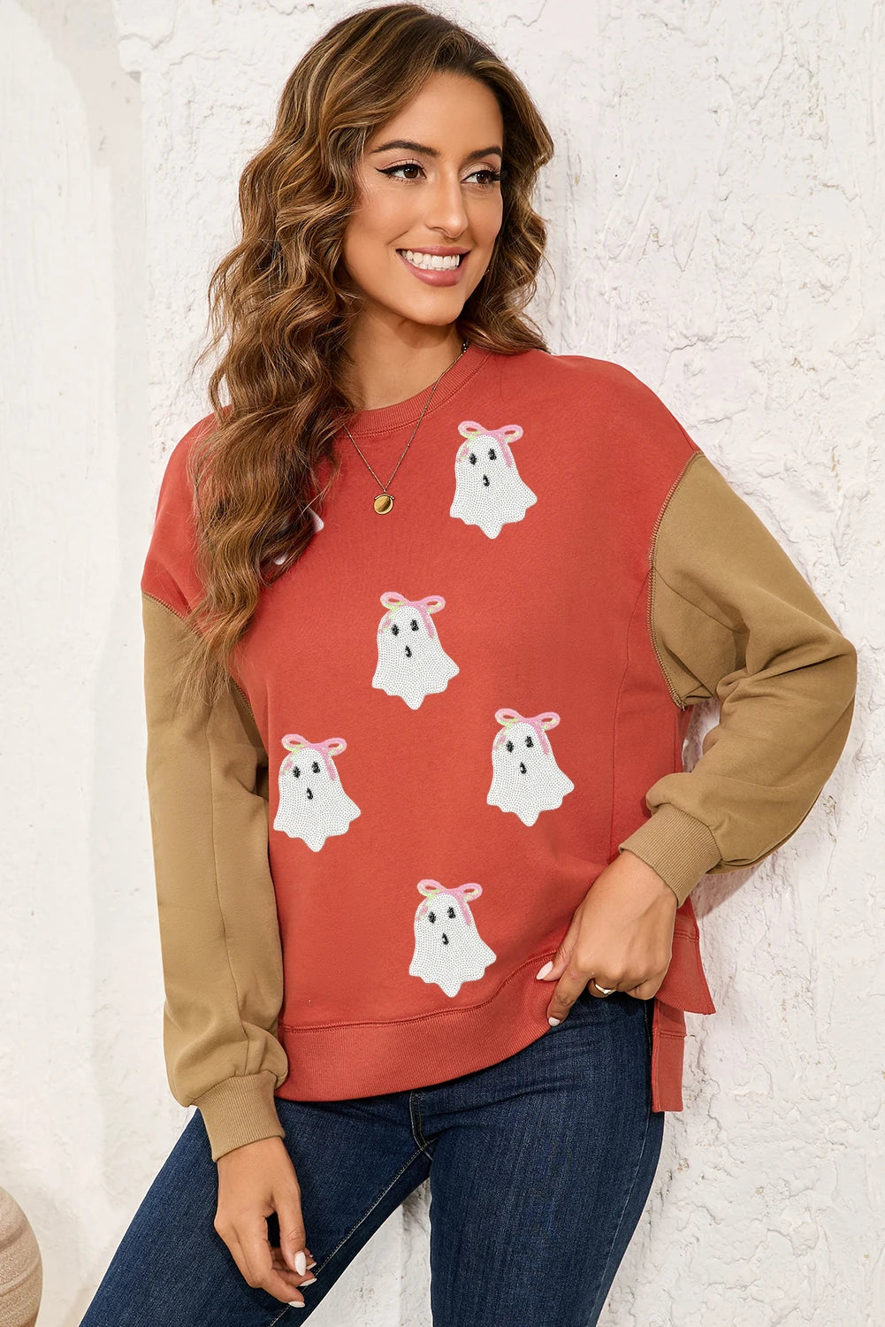 Gold Flame Glitter Ghost Patched Pattern Colorblock Sweatshirt