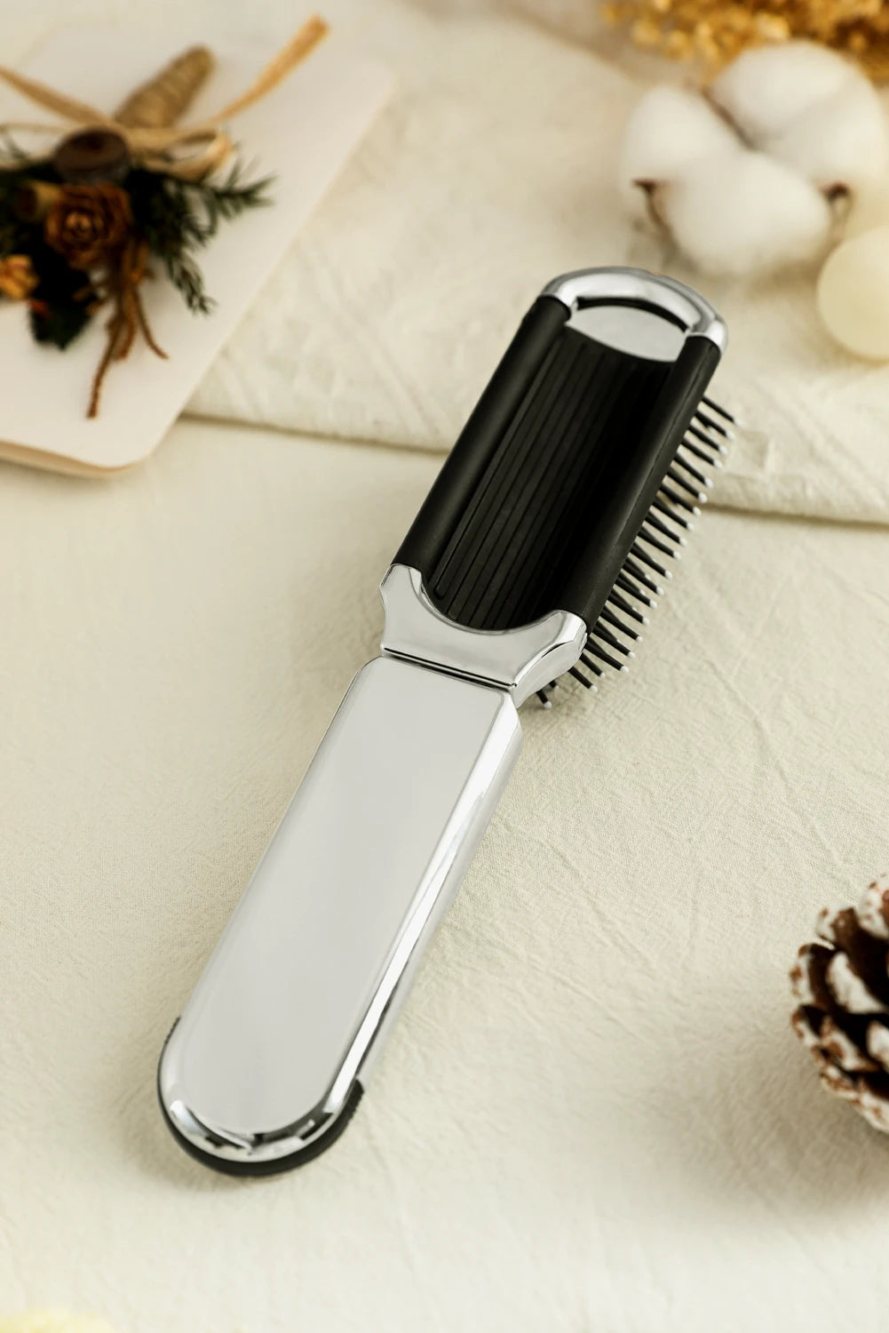 Black 1pc Portable Folding Travel Hair Brush with Mini Mirror