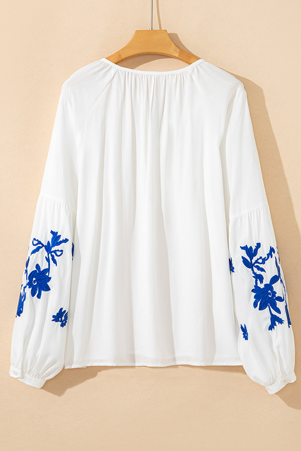 White Floral Embroidered Drawstring V Neck Blouse