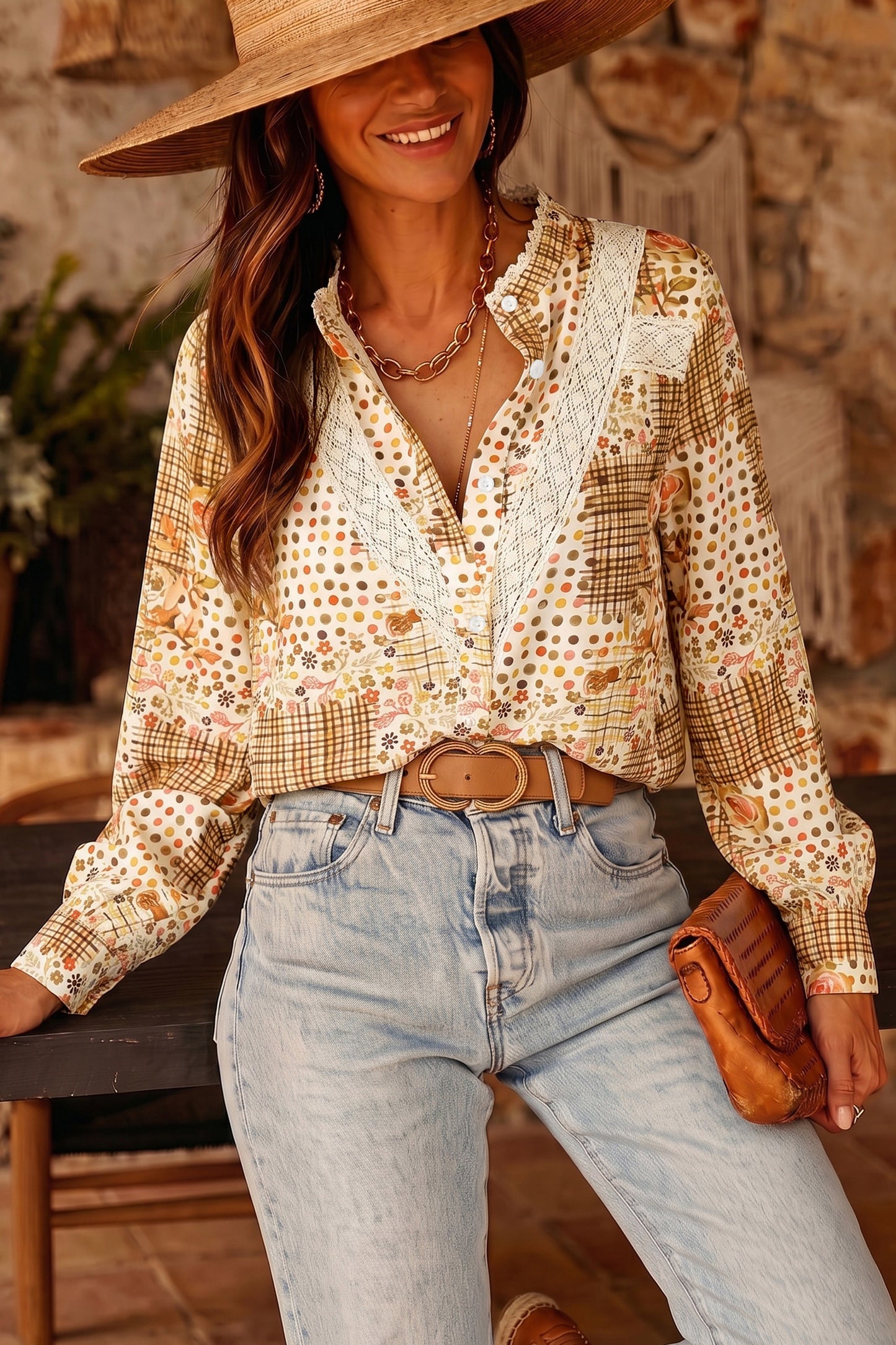 Brown Floral Lace Trim Button Down Long Sleeve Shirt