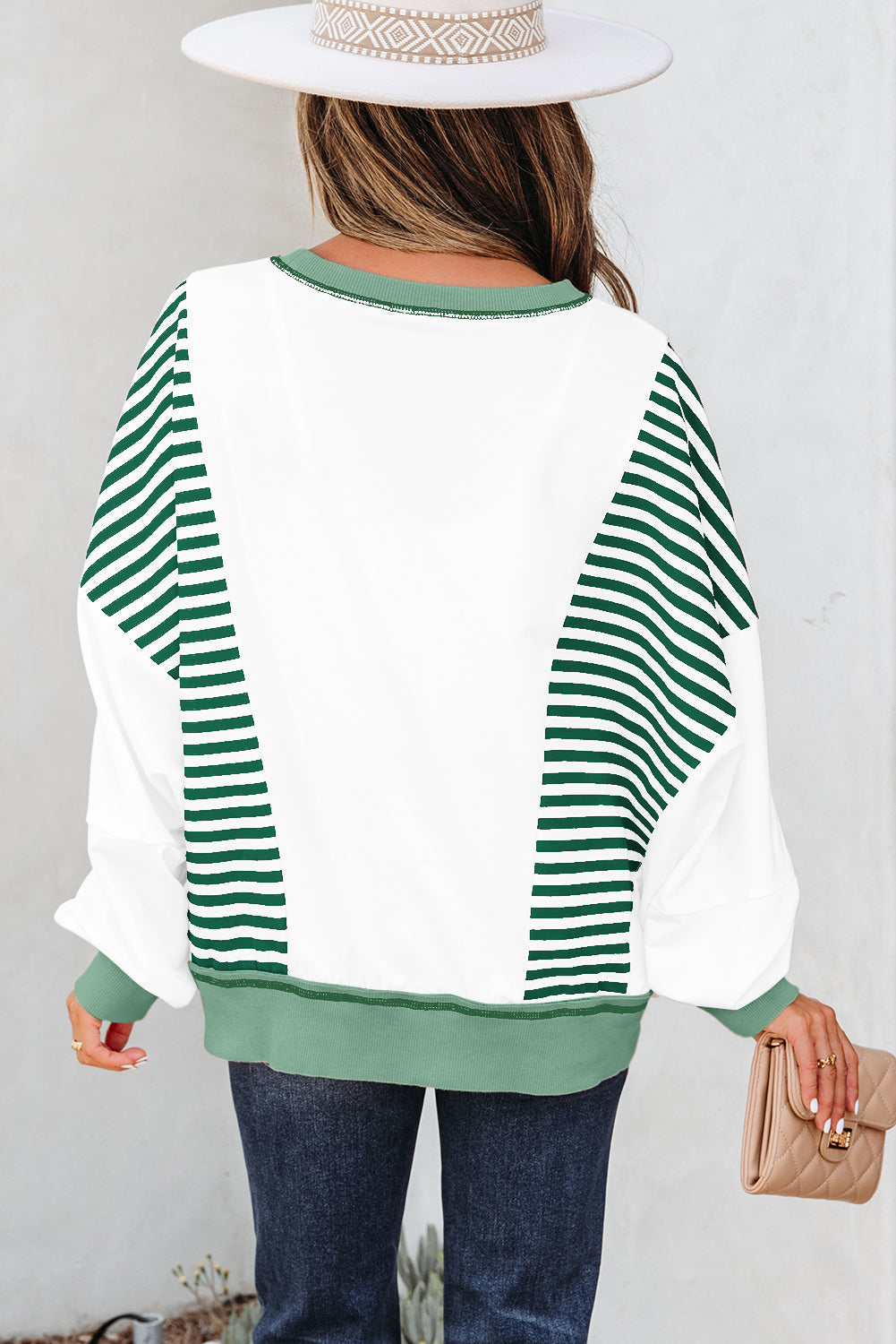 Red Stripe Colorblock Patchwork Contrast Stitching Oversize Sweatshirt
