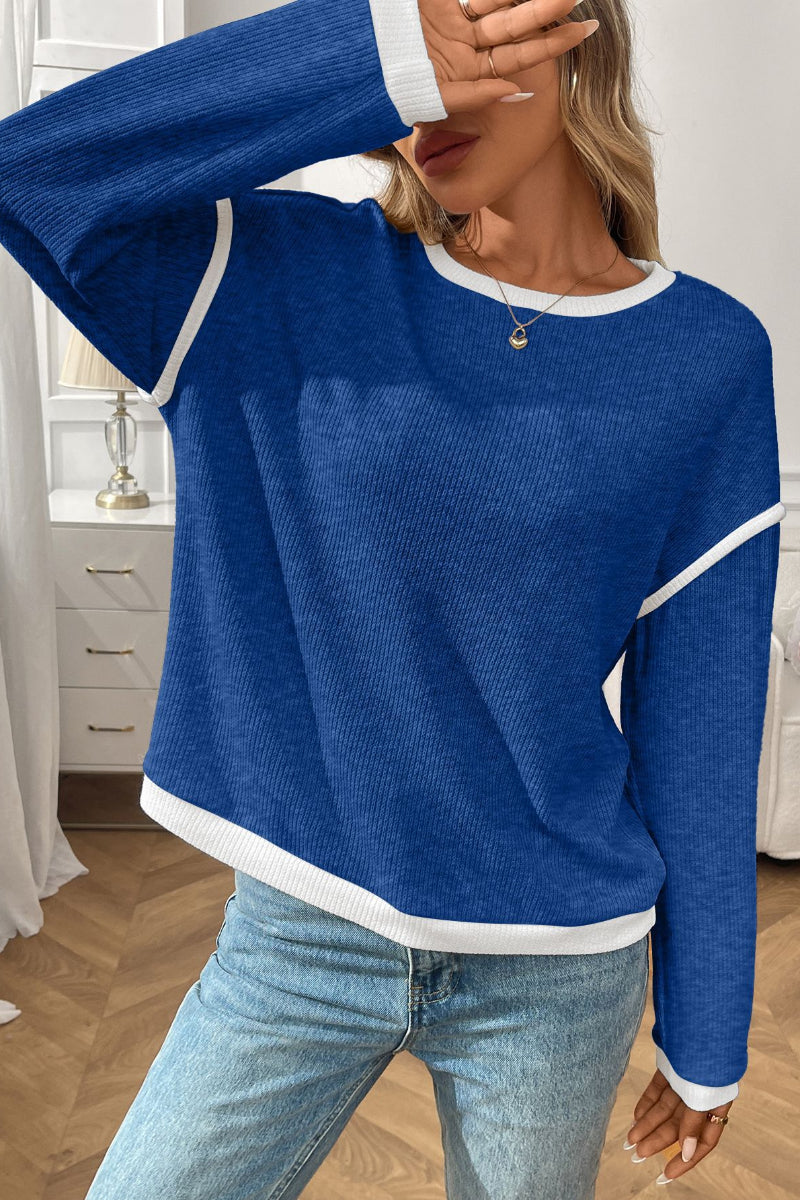 Colorblock Crewneck Knit Look Long Sleeve Pullover Top
