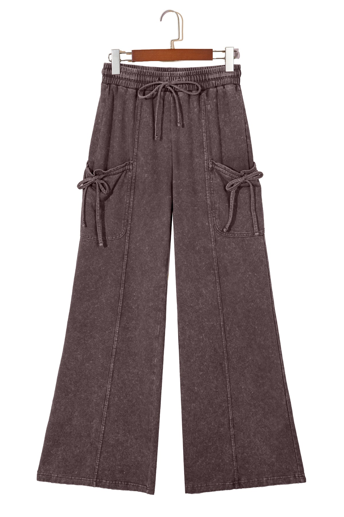 Dark Brown Cotton Mineral Wash Elastic Waist Drawstring Tie Detail Cargo Pants