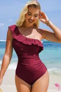 Skobeloff Solid Color Ruffle Trim Asymmetric Neck One Piece Swimsuit