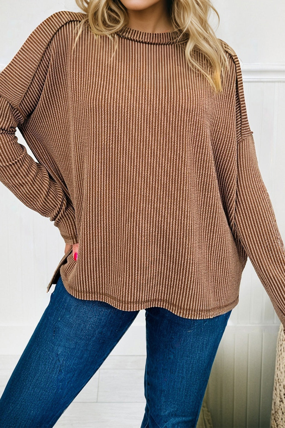 Black Twist Ribbed Exposed Seam Detail Long Sleeve Loose Top