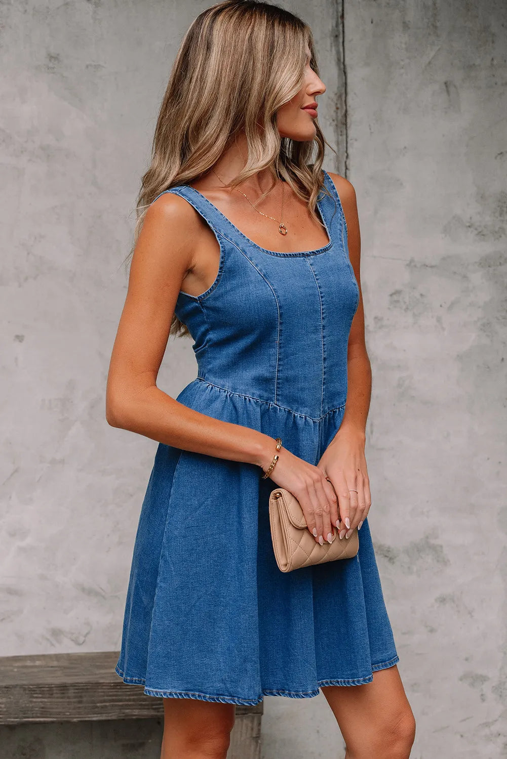 Myosotis Square Neck Bowknot A-line Sleeveless Denim Dress